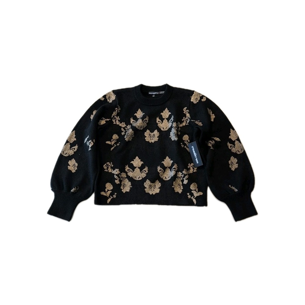 Karl Lagerfeld Sweater Womens L Black Gold Long Sleeve Pullover Baroque Floral
